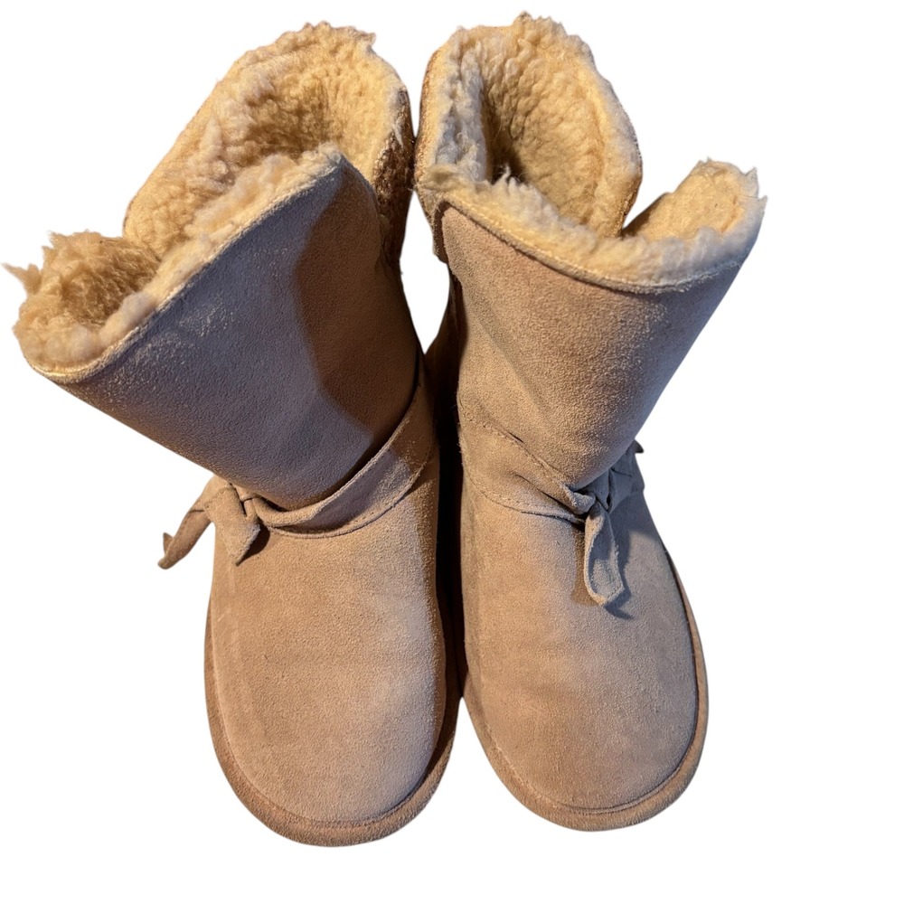 Bearpaw Tan Suede Knit Collar Bow Winter Boots Mid Calf Faux Fur Lined 6
